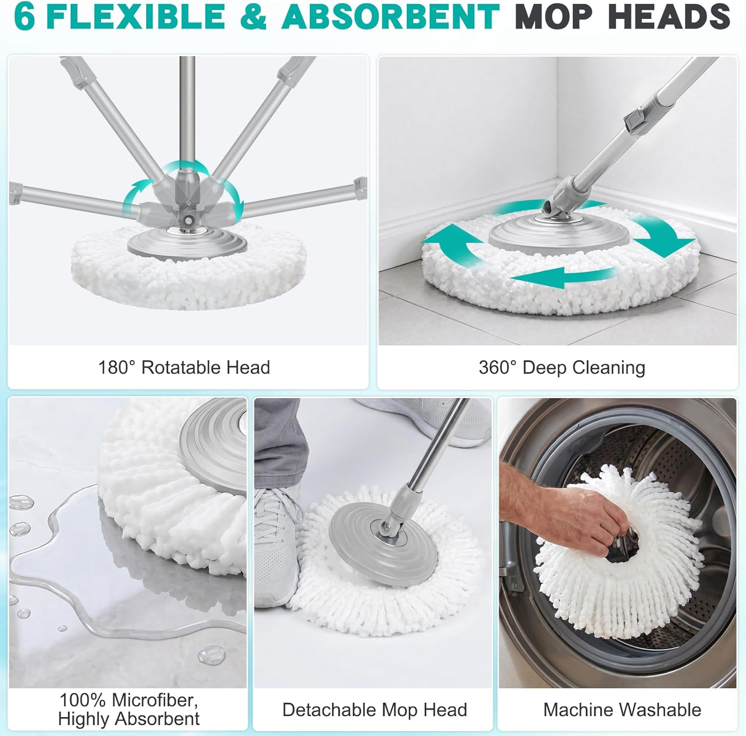 Mop and Bucket Set with Wringer, Spin Mop Floor Cleaning System with 6 Replacement Microfiber Heads & 61" Extra-Long