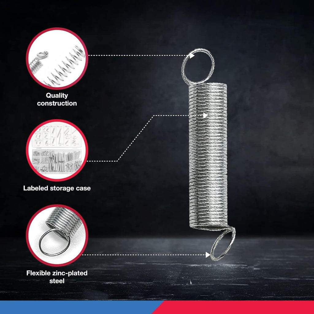 50456A Spring Assortment Set, 200 Piece, Extension and Compression Springs Kit, Zinc Plated Steel Mechanical