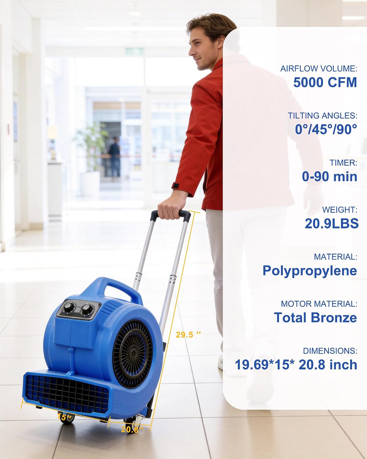 Air Mover Blower Fan 1.5HP, 5000CFM 3-Speed Floor Dryer with 90min Timer | Pohir Brass Motor Centrifugal Air