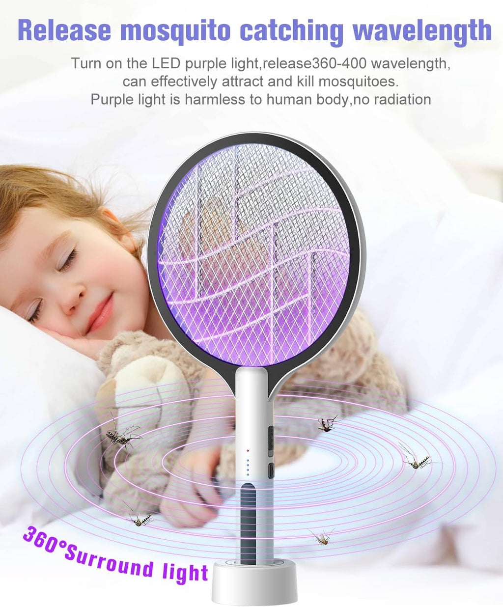 Electric Fly Swatter 4500V Bug Zapper Racket, 2 in 1 Handheld Fly Zapper & Purple Mosquito Killer Rechargeable and
