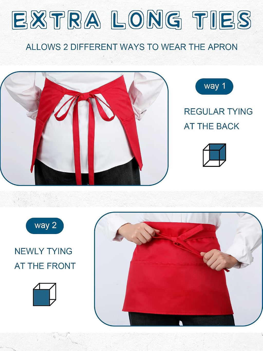 5 Pack Red Waist Aprons for Adults 3 Pockets Half Bistro Apron