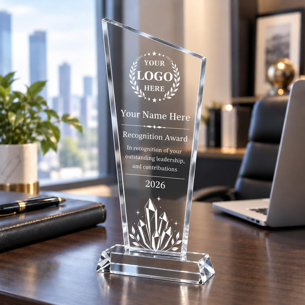 Personalized K9 Crystal Trophy Award with Logo Photo Text, Custom Employee Recognition Plaque for Corporate