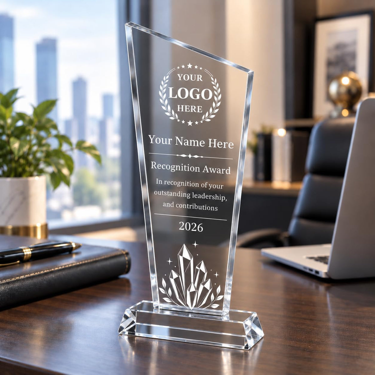Personalized K9 Crystal Trophy Award with Logo Photo Text, Custom Employee Recognition Plaque for Corporate