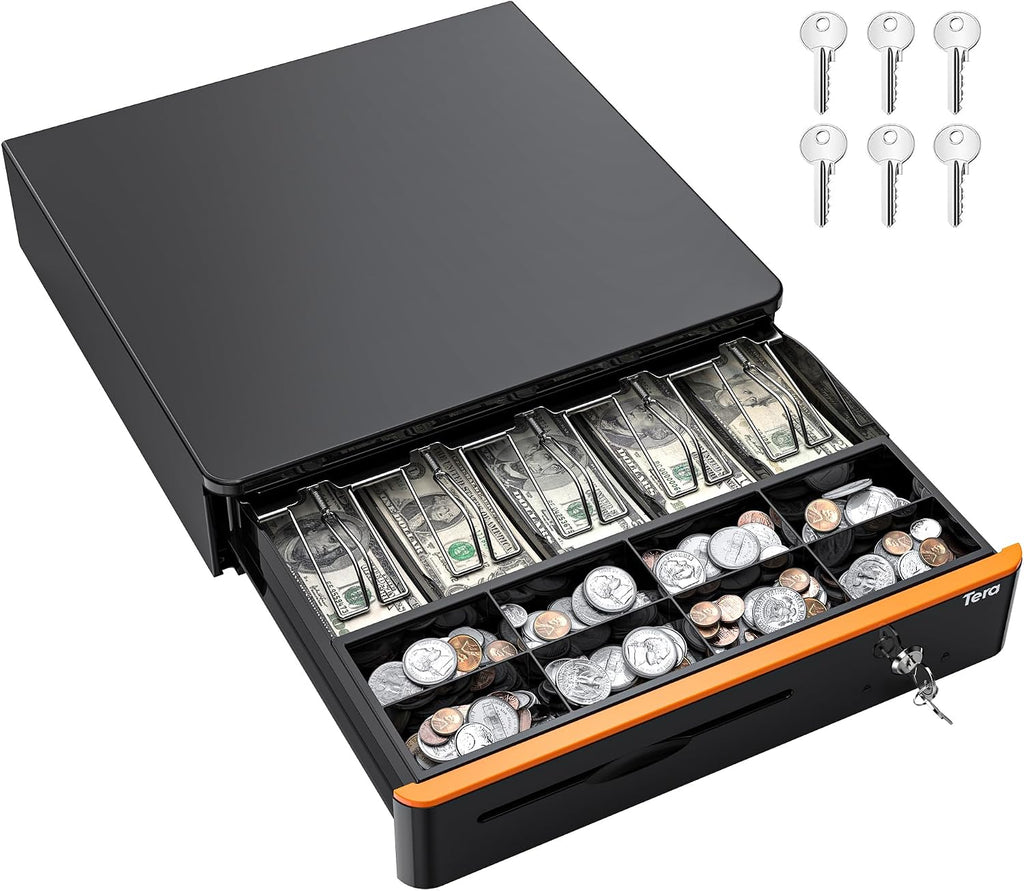 Cash Register Drawer 16 inch: 5 Bill 8 Coin Media Slot for POS, 405R | RJ-12, Metal Case Auto & Manual Open