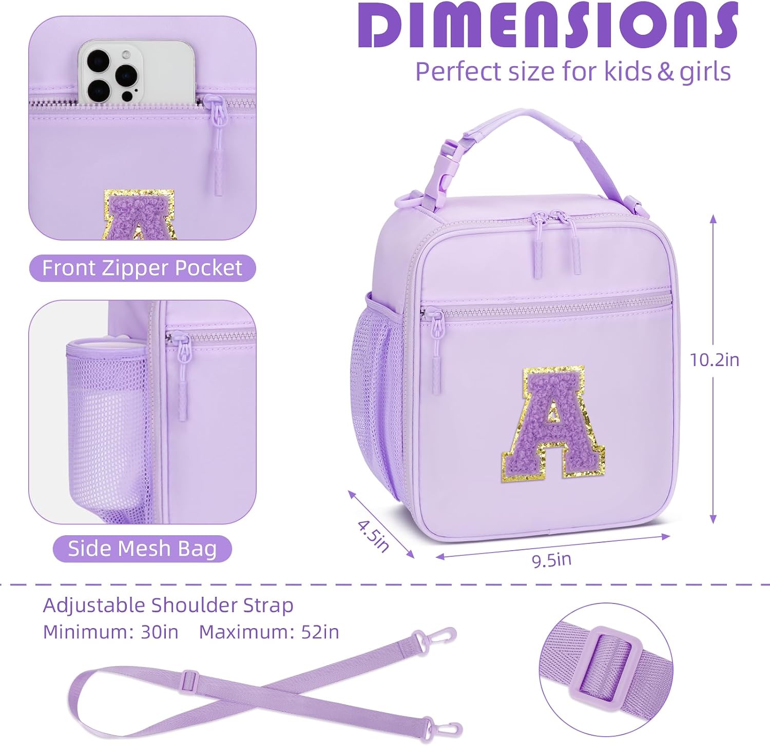 Initial Insulated Lunch Bag for Girls Kids, Back to School Gift, Reusable Leak-proof Lunch Box with Adjustable Strap