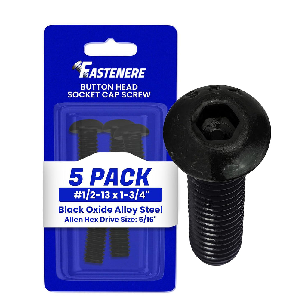 Fastenere Button Head Socket Cap Screws - 1/2-13 x 1-3/4" (5-Pcs) Alloy Steel, Fully Threaded, Fine Black Oxide Finish, Corrosion-Resistant, Machine Thread, Easy to Install w/Allen Hex Drive