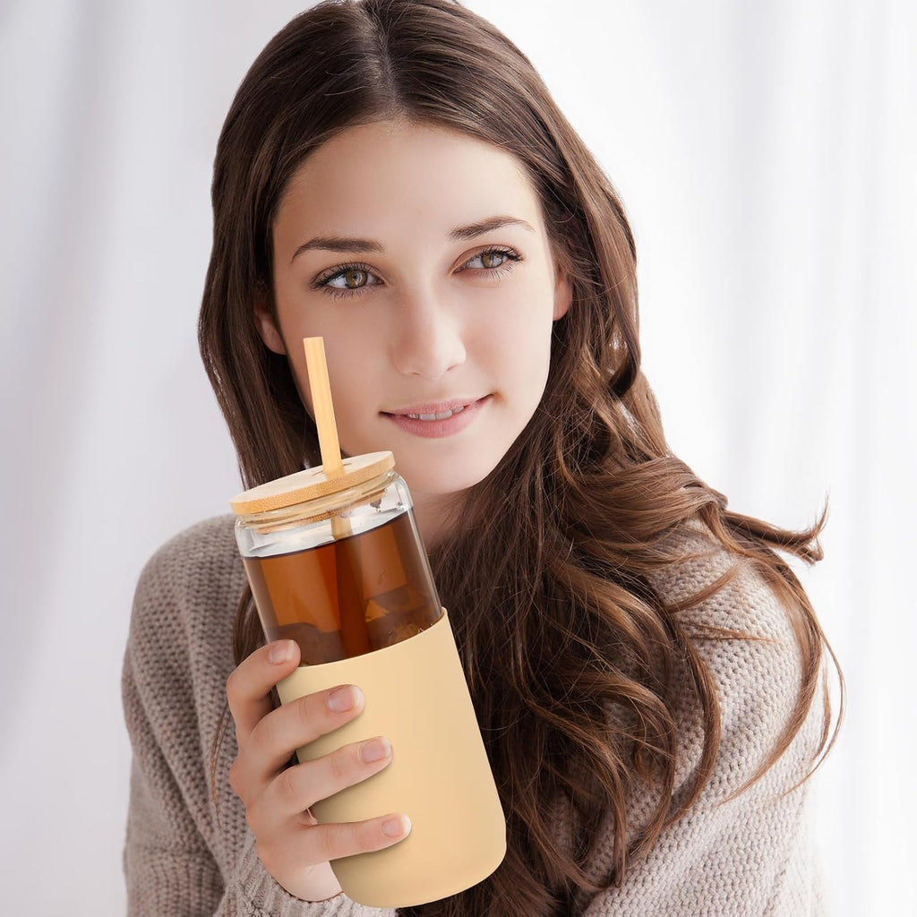 4 Pack 20 oz Glass Cups with Lids and Straws, Iced Coffee Cup Smoothie Cup with Silicone Sleeve Drinking Glasses