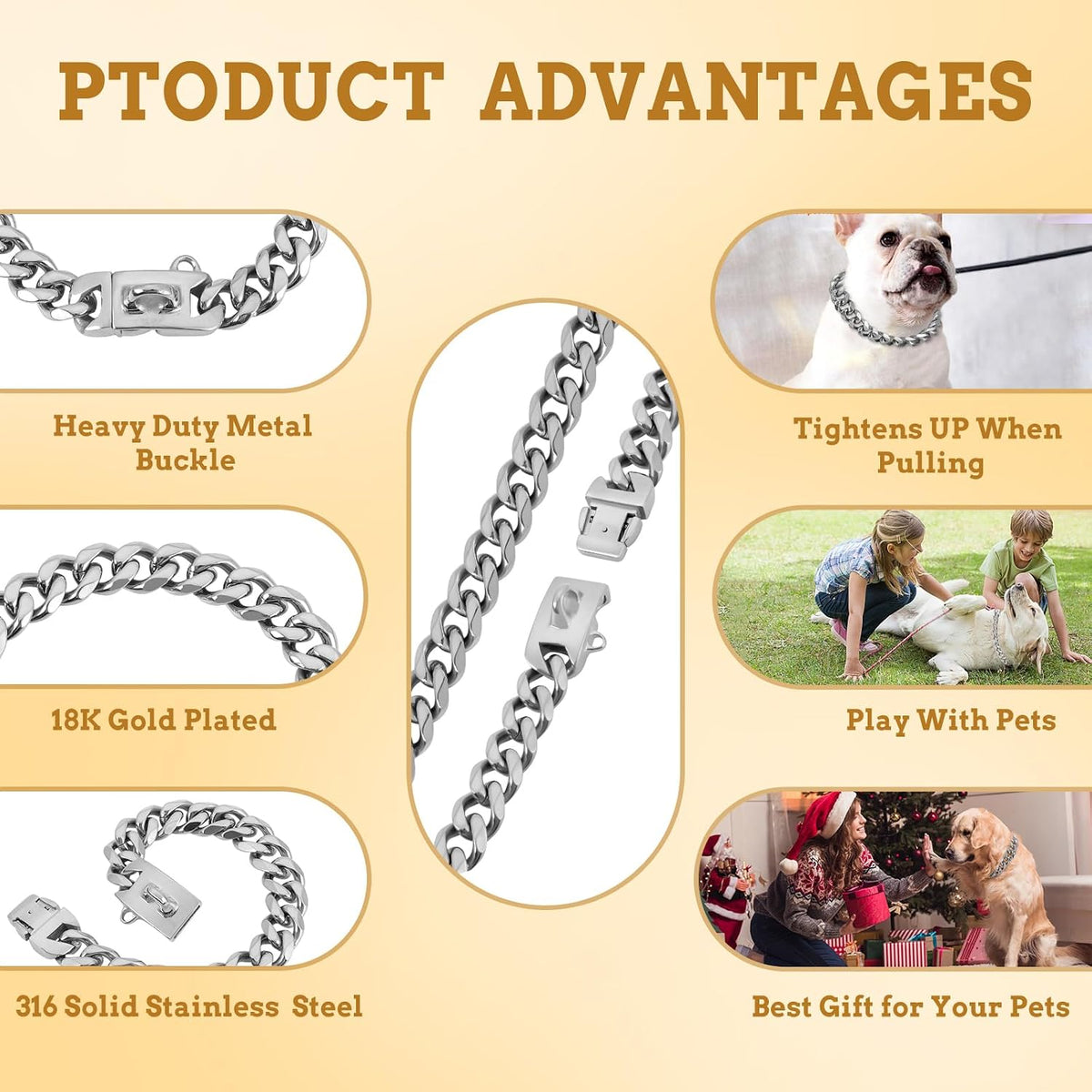 19mm Silver Chain Dog Collar, Luxurious Cuban Link Dog Collar