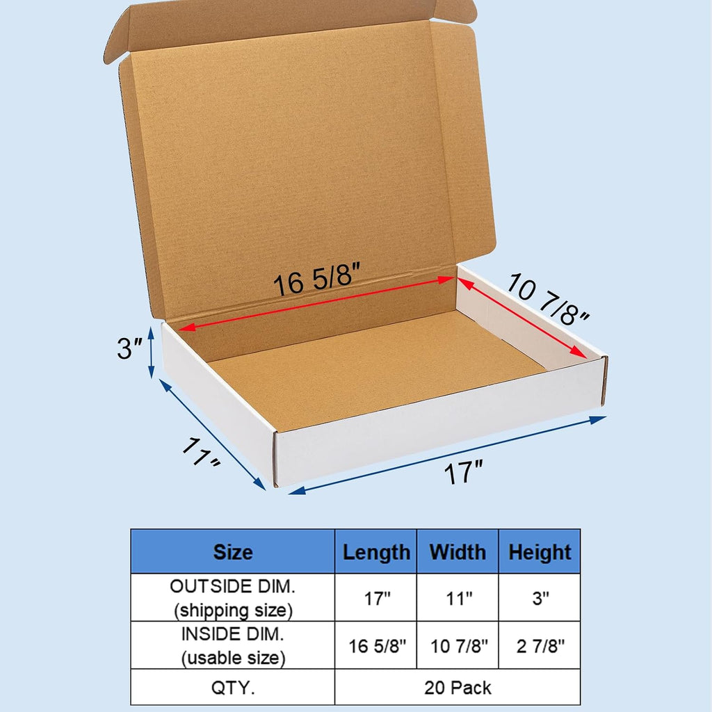 17x11x3" Shipping Boxes 20 Pack White Corrugated Cardboard Box | 3 Layers, Medium Literature Mailer Packaging