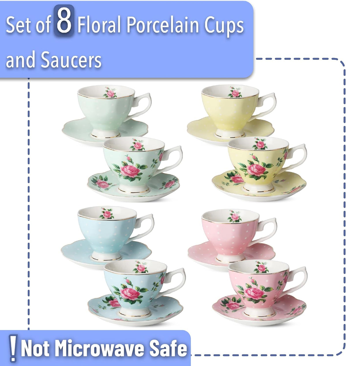 BTaT- Floral Tea Cups and Saucers, Set of 8, 8 oz