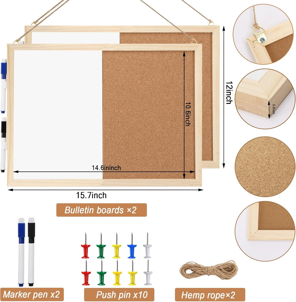 2-Pack Cork Board White Board Combo - 15.7 x 12 inches Whiteboard Bulletin Combination Board Hanging Office White