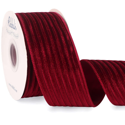 Glossy Dark Red Velvet Wired Ribbon 2.5 Inch Striped Velvet Christmas Ribbon for Gift Wrapping Christmas Tree