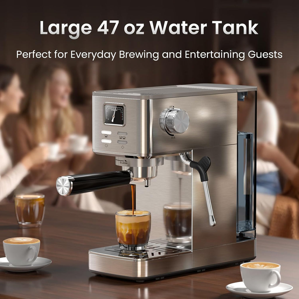 20 Bar Espresso Machine with Pressure Gauge & Steam Frother | Semi-automatic brewing, hot water function, 47 oz