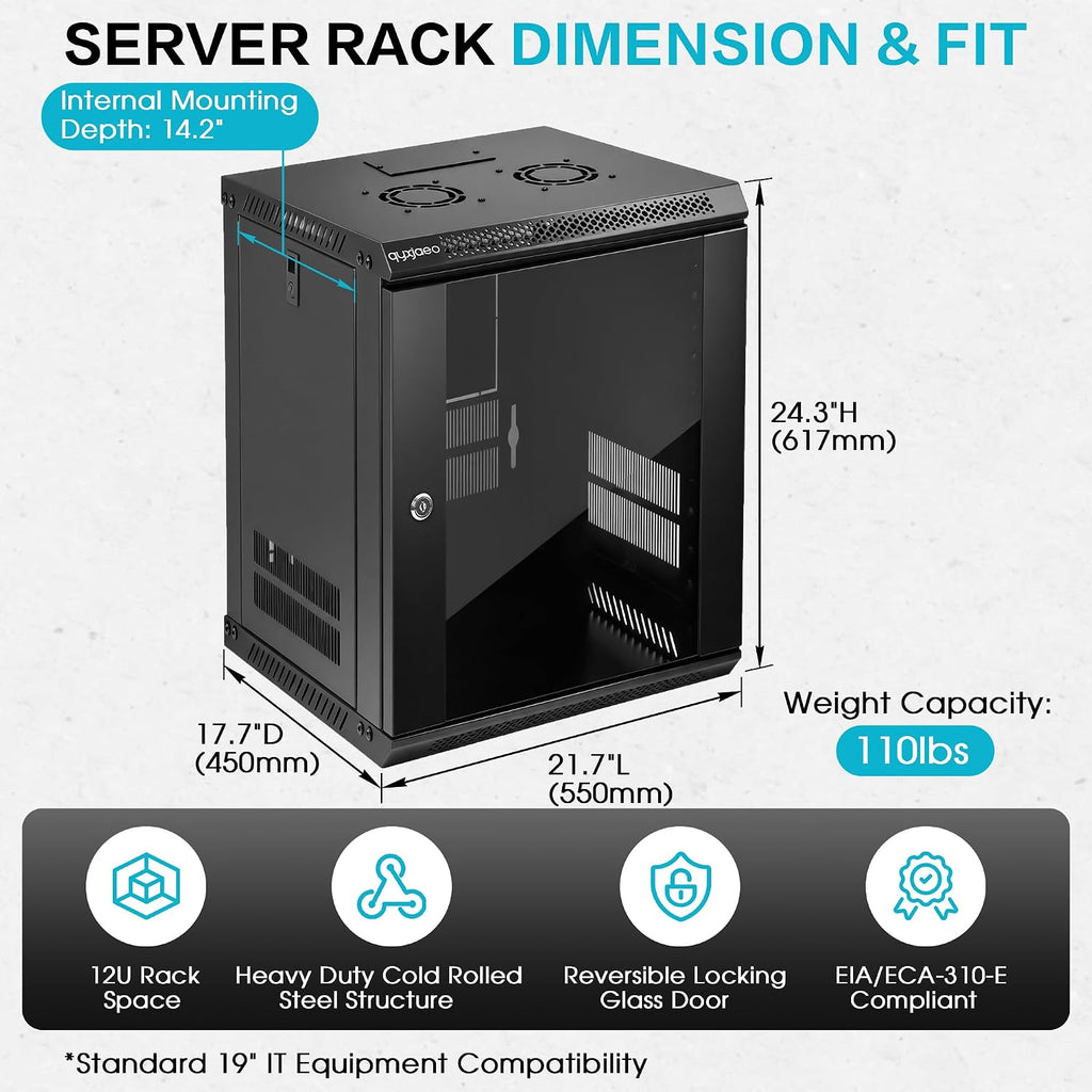 12U Wall Mount Server Rack Cabinet for 19'' IT Equipment, AV Device