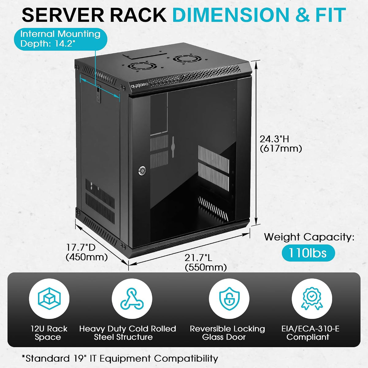 12U Wall Mount Server Rack Cabinet for 19'' IT Equipment, AV Device