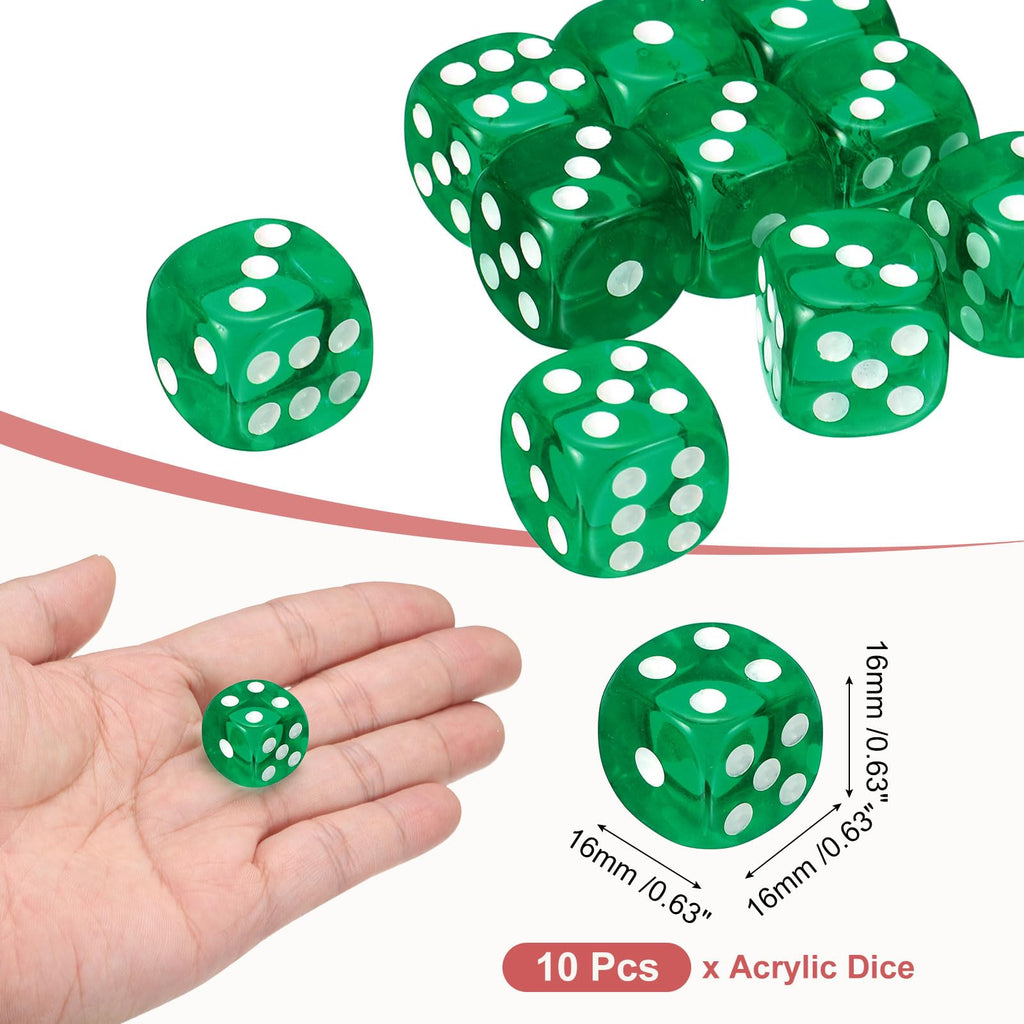 6 Sided Acrylic Dice,16mm/0.63" 16mm/0.63" Game Green 10Pcs