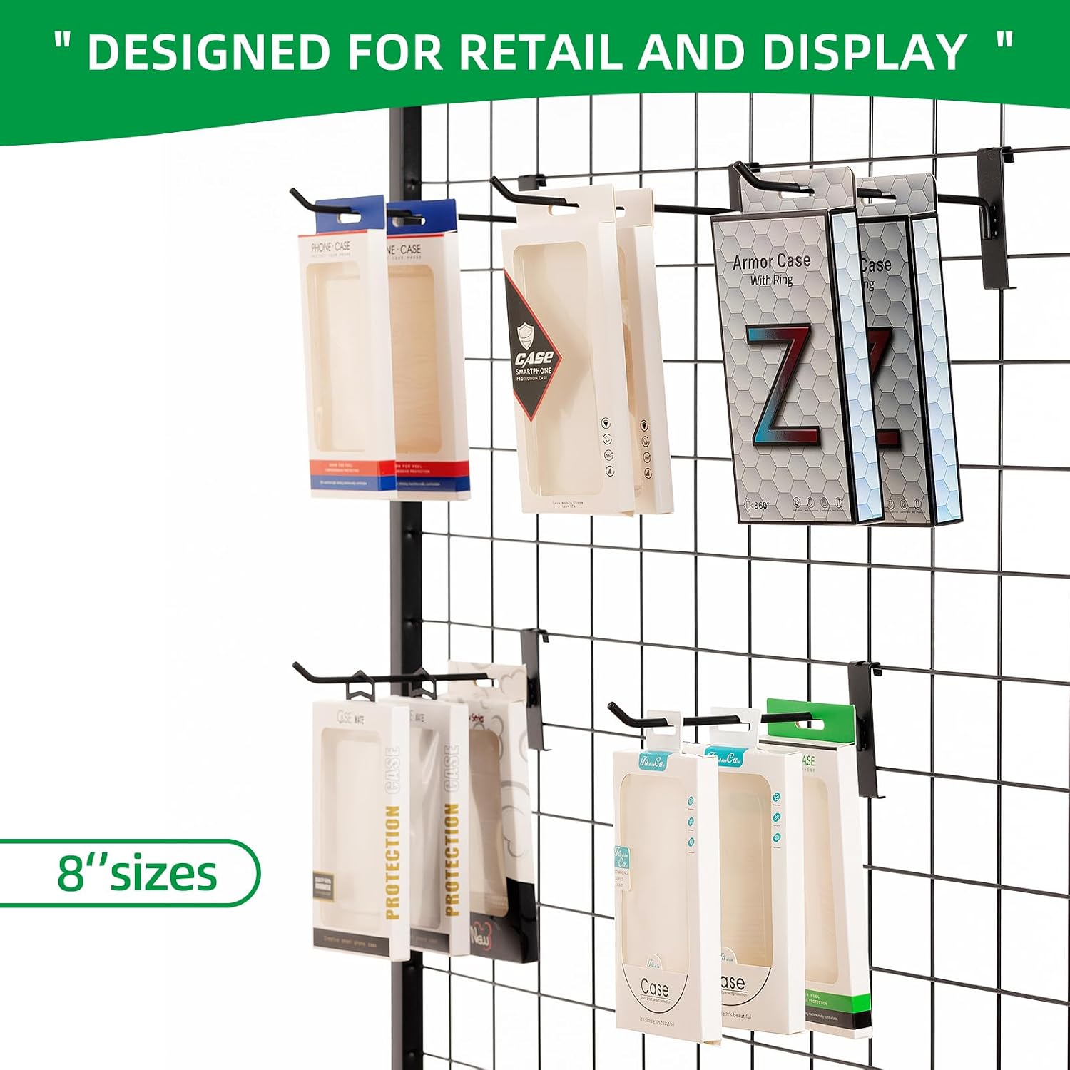 8 Inch Gridwall Hooks, Grid Panel Hanging Hooks for Retail, Home, and Workspace Organization, Displays, and Storage