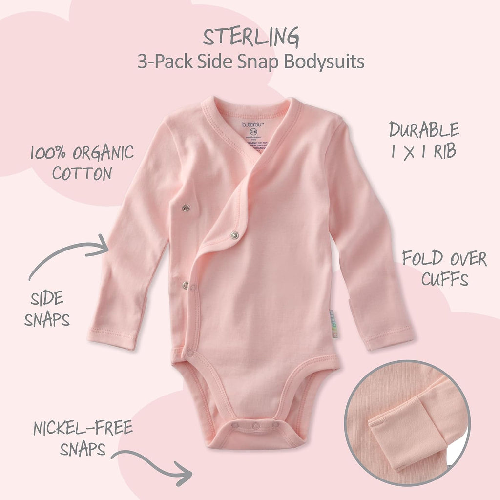 Sterling 3-Pack Side Snap Long Sleeve Bodysuits 100% Cotton