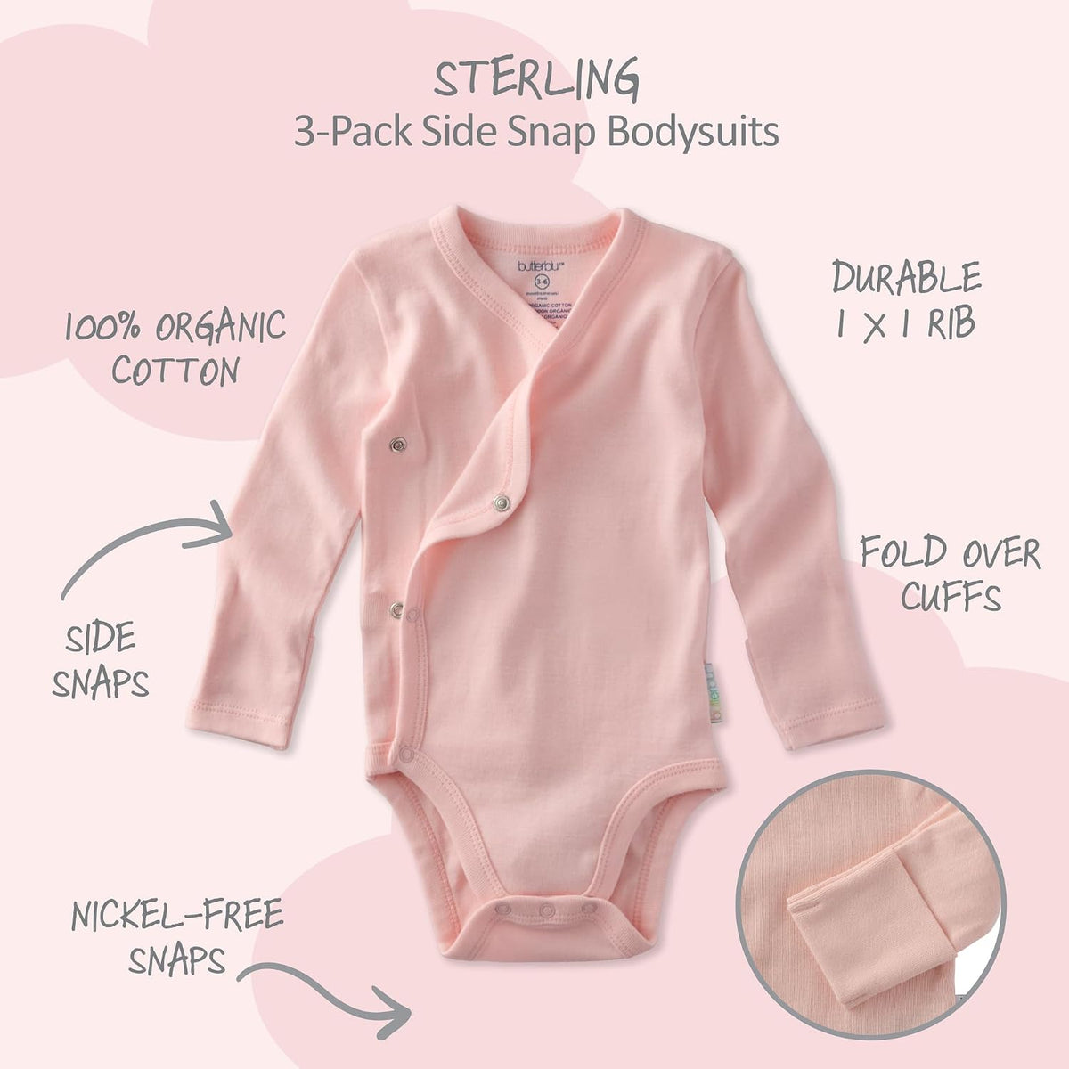Sterling 3-Pack Side Snap Long Sleeve Bodysuits 100% Cotton