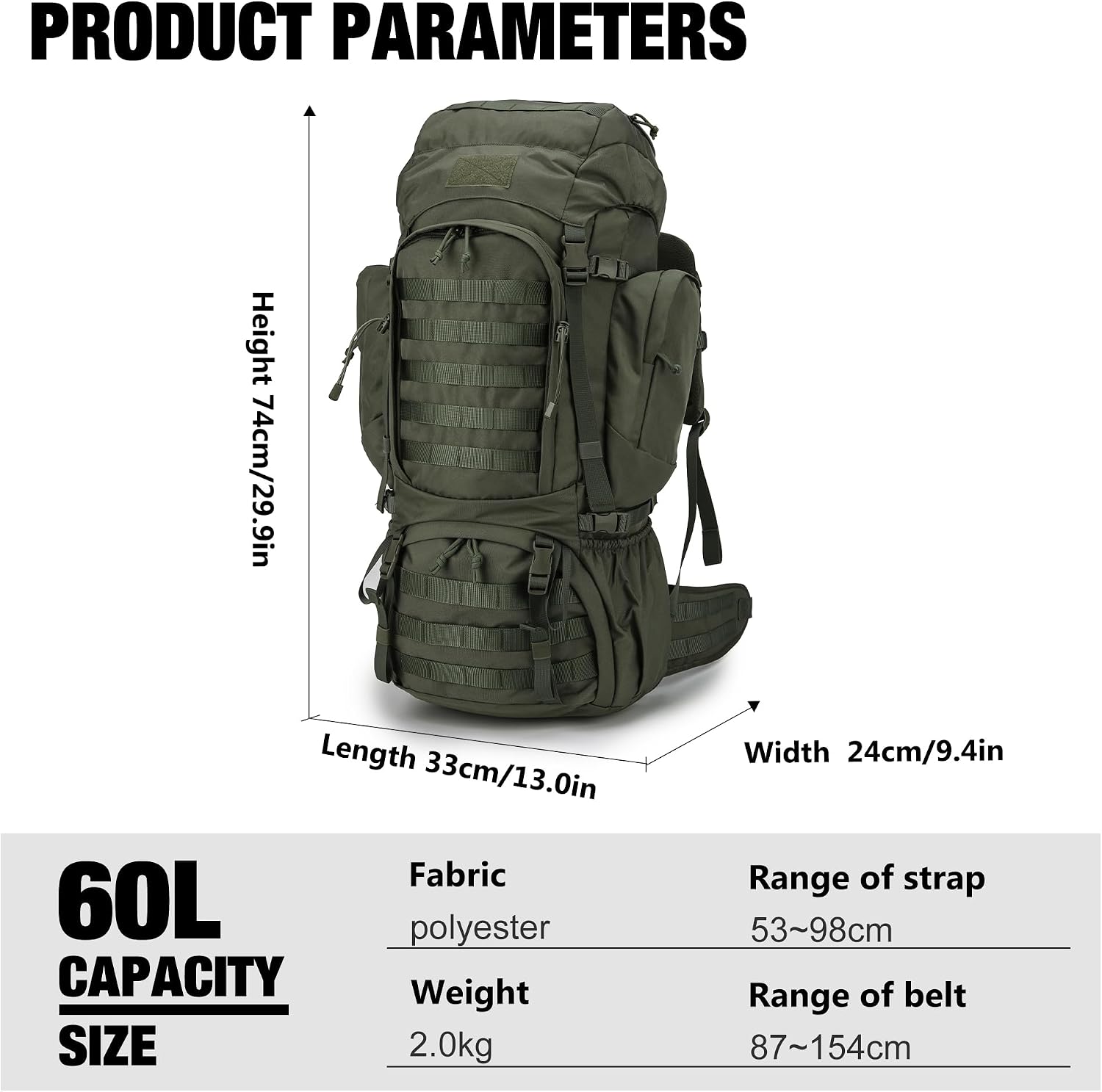 60L Military Internal Frame Backpack for Hiking,Camping,Hunting,Rucksack Backpack with Rain Cover