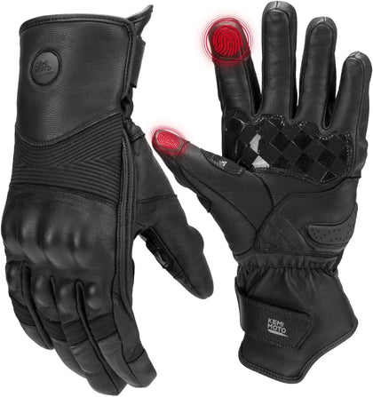 Winter Leather Motorcycle Gloves for Men, Gauntlet Warm Gloves with Knuckle Protection Touchscreen for Motorcycle Riding
