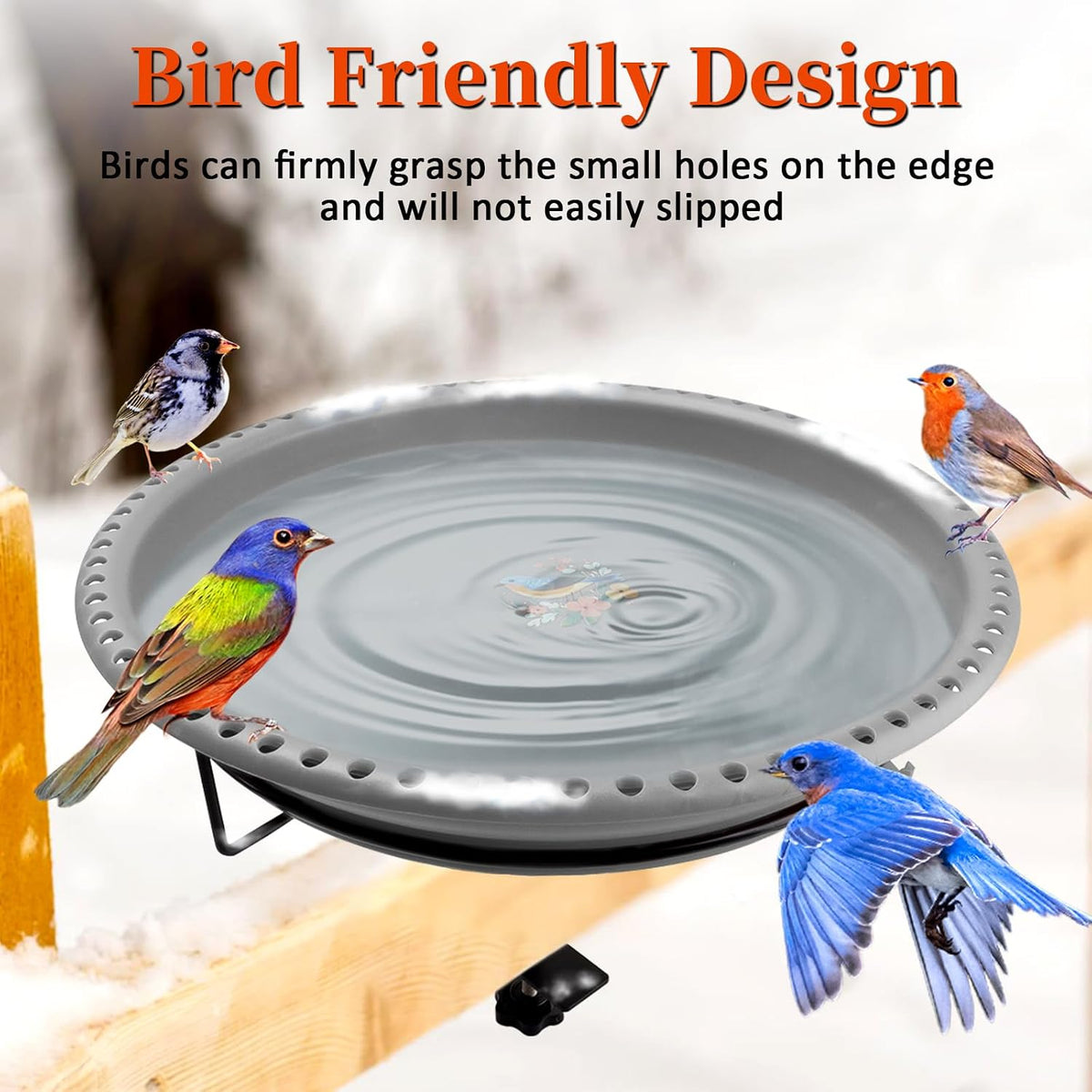 100W Heated Bird Baths for Outdoors, Heated Birdbath for Deck Railing, Grey