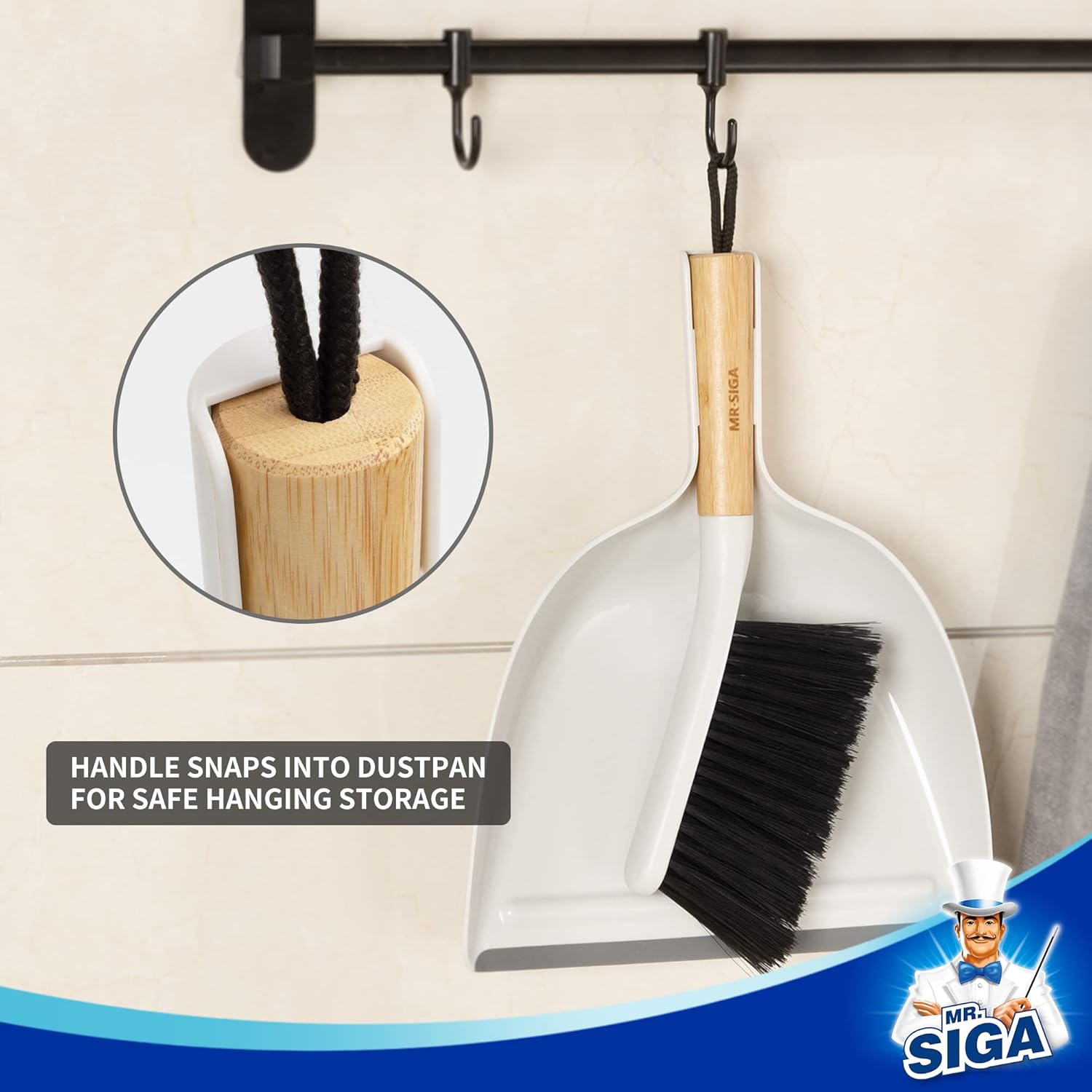 Dustpan and Brush Set, Portable Cleaning Brush and Dustpan Combo with Bamboo Handle, White, 1 Set