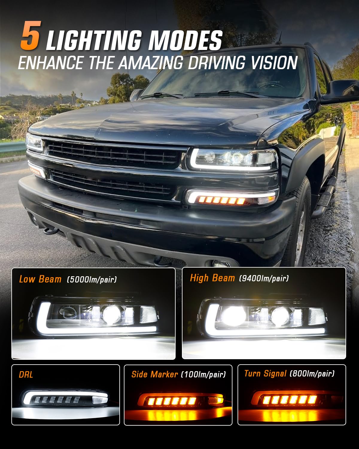 LED Headlight for 1999-2002 Chevy Silverado 1500 2500,00-06 Tahoe Suburban