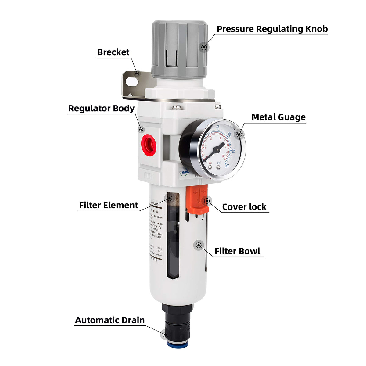 NANPU 1/2" NPT Air Compressor Filter & Pressure Regulator Combo, Auto Drain