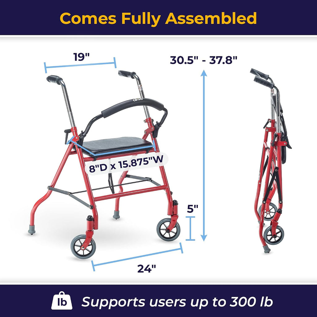 1239RD Foldable Rollator Walker with Seat, Red, 1 Count (Pack of 1)