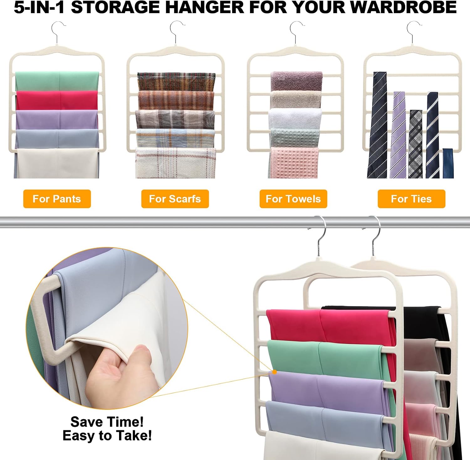 Closet Organizers and Storage, 5 Pack Velvet Pants-Hangers-Space-Saving | Non Silp 5 Tier Clothes-Hanger for