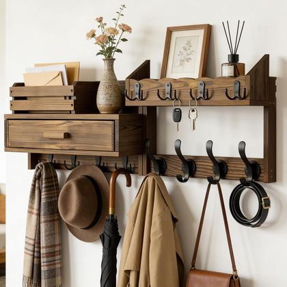 29" Coat Rack Wall Mount with Shelf & Drawer, Heavy Duty Wood Entryway Organizer, Wall Coat Hanger with 12 Metal
