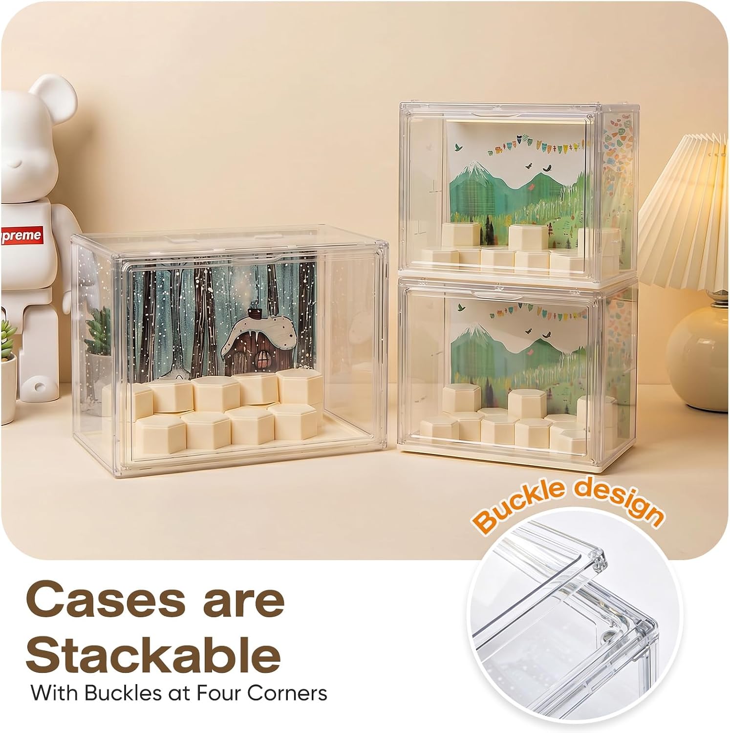 Clear Acrylic Display Cases for Collectibles with LED Light,DIY Scene, with Backdrop, No Dust , No Moisture, for