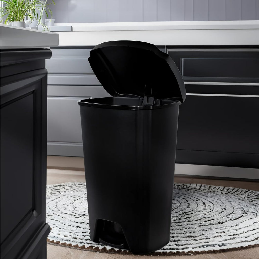Kitchen Trash Can, 12.1 Gallon Plastic Step Garbage Bin with Foot Pedal Lid, Black