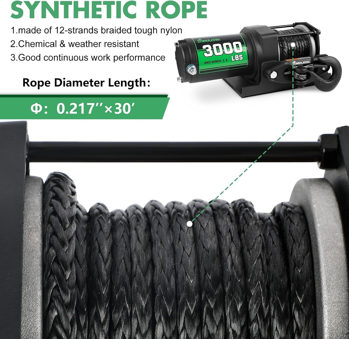 3000lb ATV Winch with Synthetic Rope,Electric Winch 12V, with Wireless Remote Control and Manual Switch, with Hawse