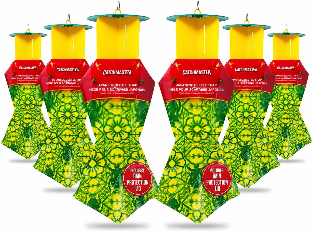 Japanese Beetle Traps w/Rain-Proof Cap 6-Pack & Dual Lure, Beetle Bag Trap, Hanging Beetle Catcher, Pest Control for