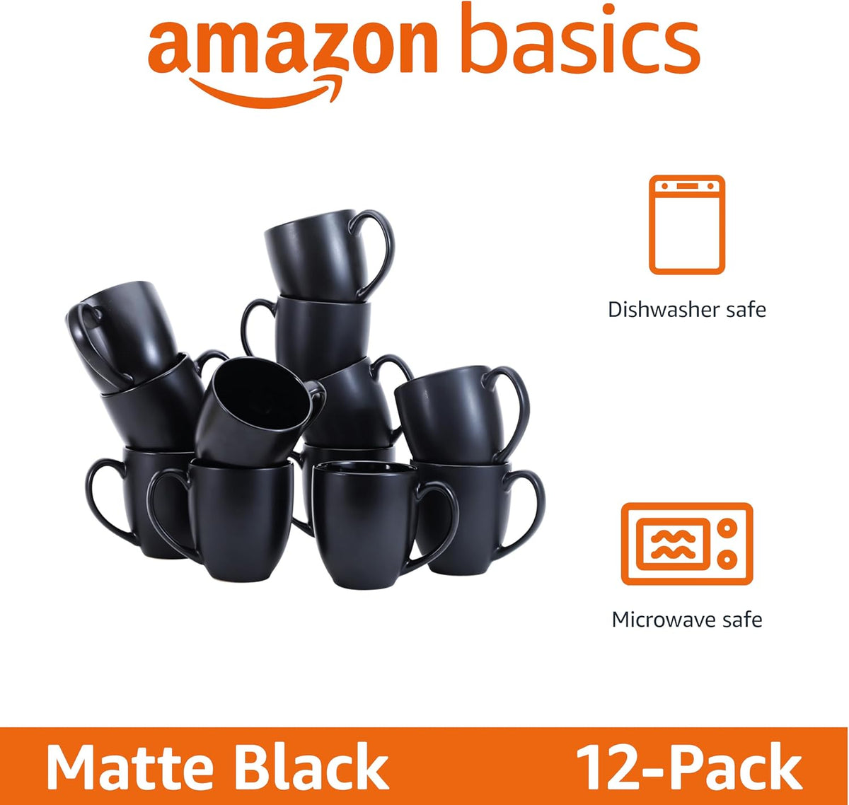 12-Pack Matte Black Ceramic Coffee Mug, 16 ounces, Microwave and Dishwasher Safe, Stoneware, Commercial-Grade