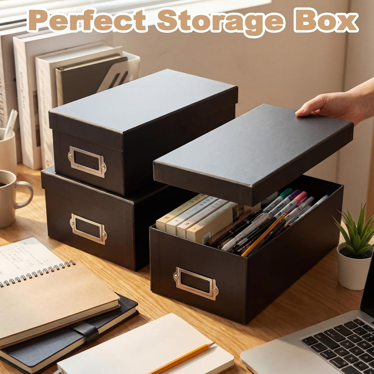 9 Pcs Kraft Storage Boxes Rectangle Stacking Boxes with Lids and Cardboard Organizers with Gold Label Holders for