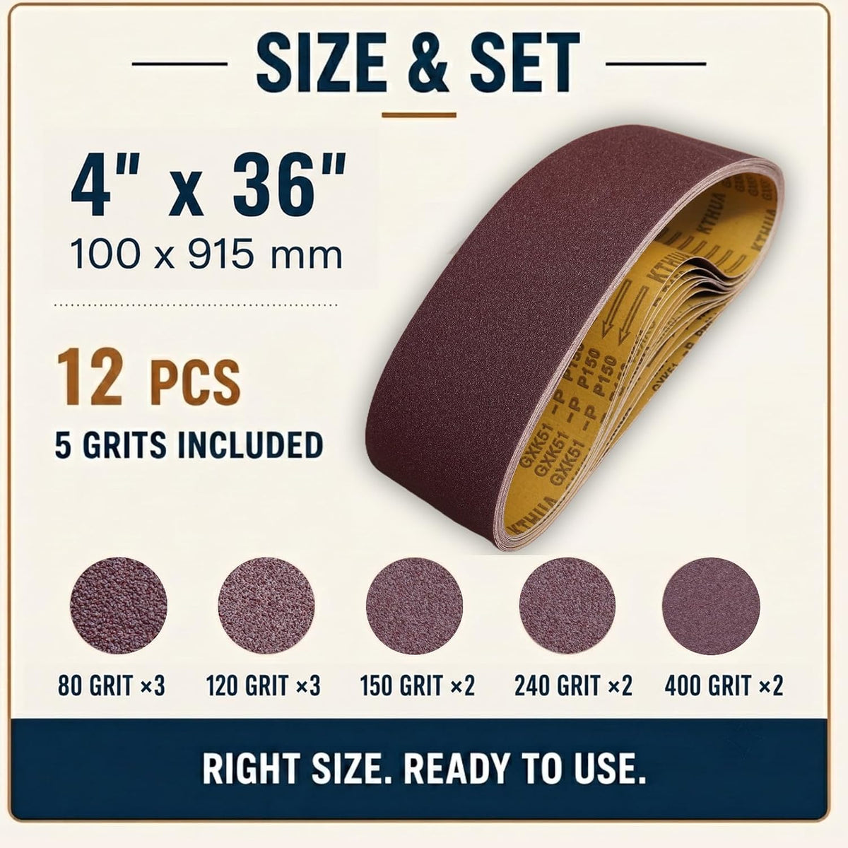 4x36 Sanding Belts, 12 Pack, Aluminum Oxide, 80/120/150/240/400 Grit
