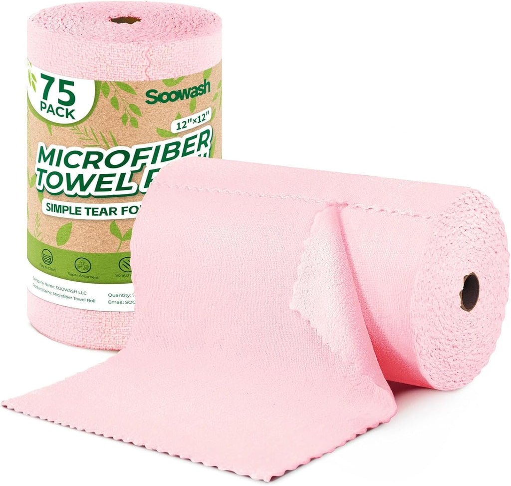 Microfiber Cleaning Cloths Roll, 75 Pack Tear Away Microfiber Towels Roll, 12" x 12" Lint Free Rags, Reusable