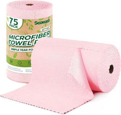 Microfiber Cleaning Cloths Roll, 75 Pack Tear Away Microfiber Towels Roll, 12" x 12" Lint Free Rags, Reusable