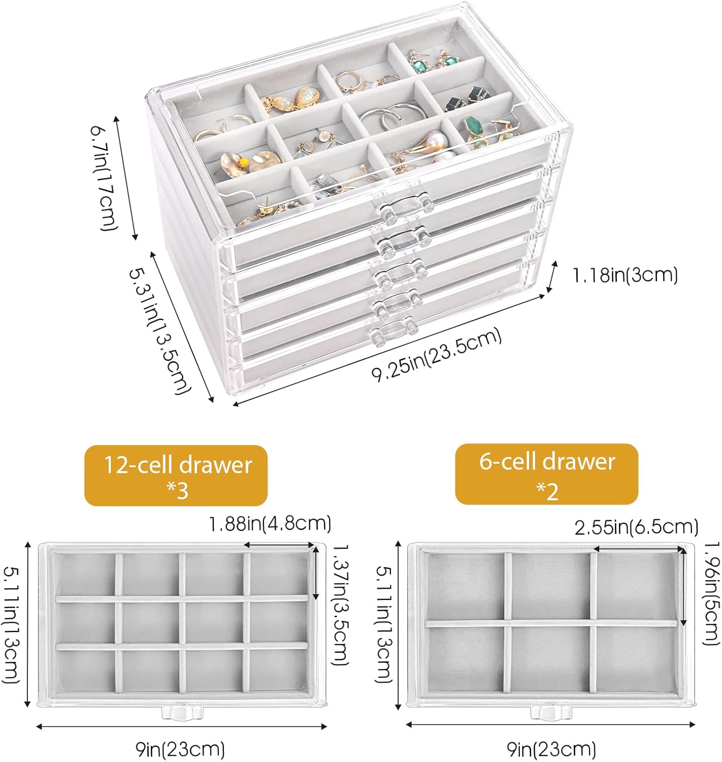 Earring Holder Organizer Jewelry Box with 5 Drawers, Acrylic Clear Earring Case with Adjustable Velvet Trays for