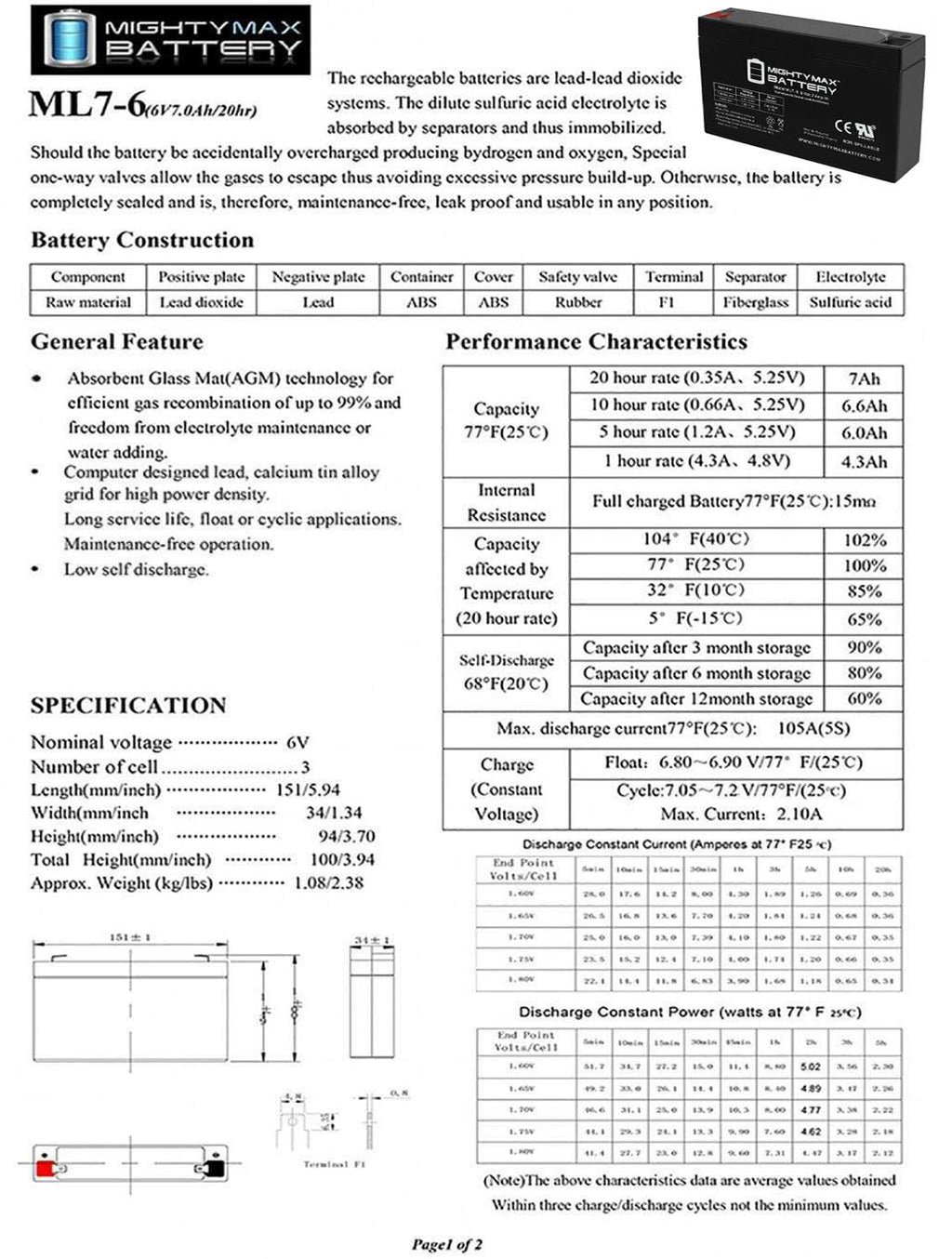 ML7-6 6V 7AH SLA Battery F1 Terminal - PACK OF 4