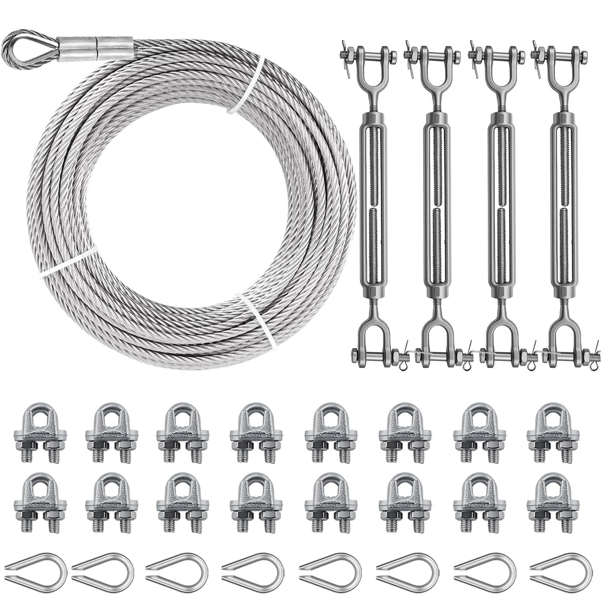 1/4" Steel Cable Kit, Galvanized Wire Rope with Jaw Jaw Turnbuckles, PIUM 7x19 Strands Steel Cable with 6400 Breaking