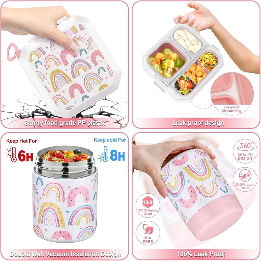 Bento Lunch Box for Kids with 12oz Soup Thermo Leak-Proof Lunch Food Container with 5 Compartment Thermo Hot Food Jar