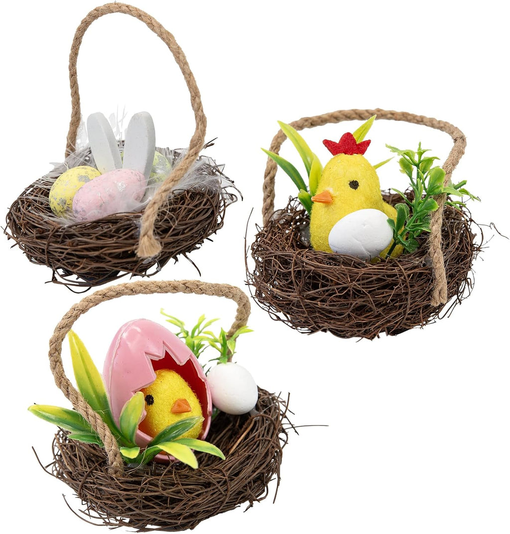 Easter Bunny Basket Decoration with Flowers, Woven Jute Basket with Handle, Spring Decor with Pastel Eggs (F)