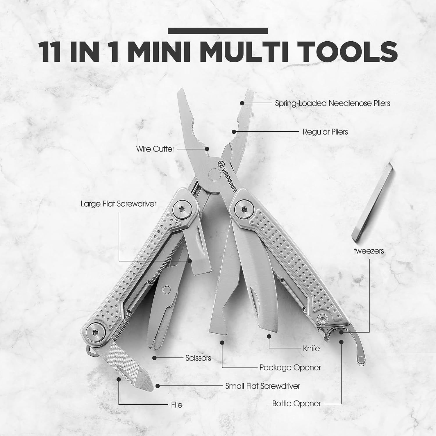 VIRENKNIFE Multitool, 11-in-1 Mini EDC Multitool, Gifts for Men,Stainless Steel Multi Tool Pliers with Pocket Knife