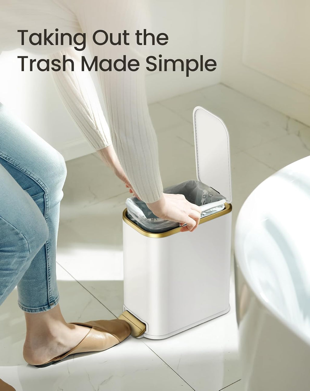 Small Bathroom Trash Can with Gold Grimmed Lid & Pedal, 1.3Gal, White | Soft Close Lid, Removable Inner Bucket, Slim