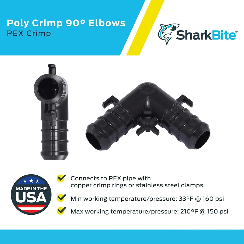 SharkBite 1/2 Inch Poly Crimp 90 Degree Elbow, Pack of 25, PEX Pipe, PE-RT, UP248
