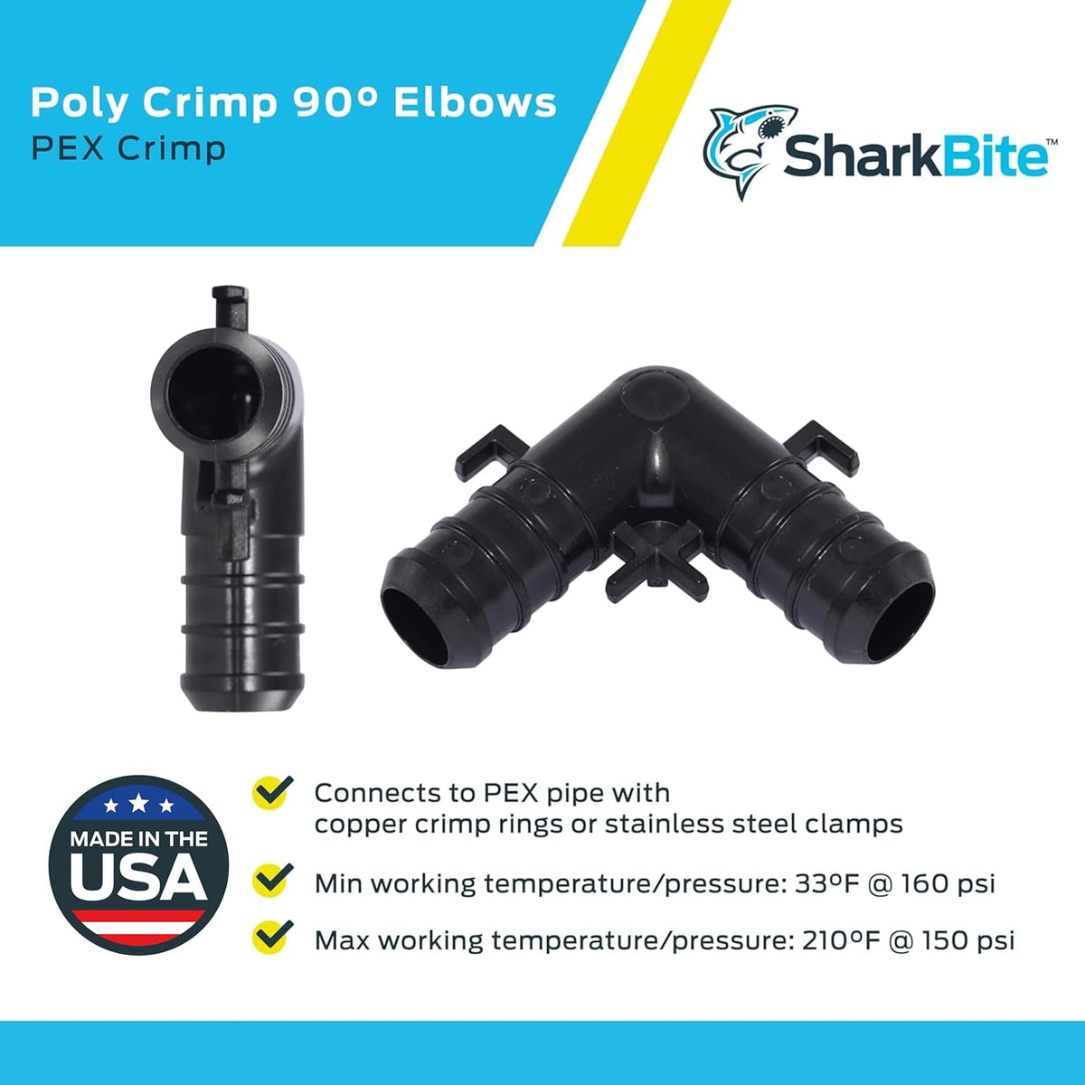 SharkBite 1/2 Inch Poly Crimp 90 Degree Elbow, Pack of 25, PEX Pipe, PE-RT, UP248